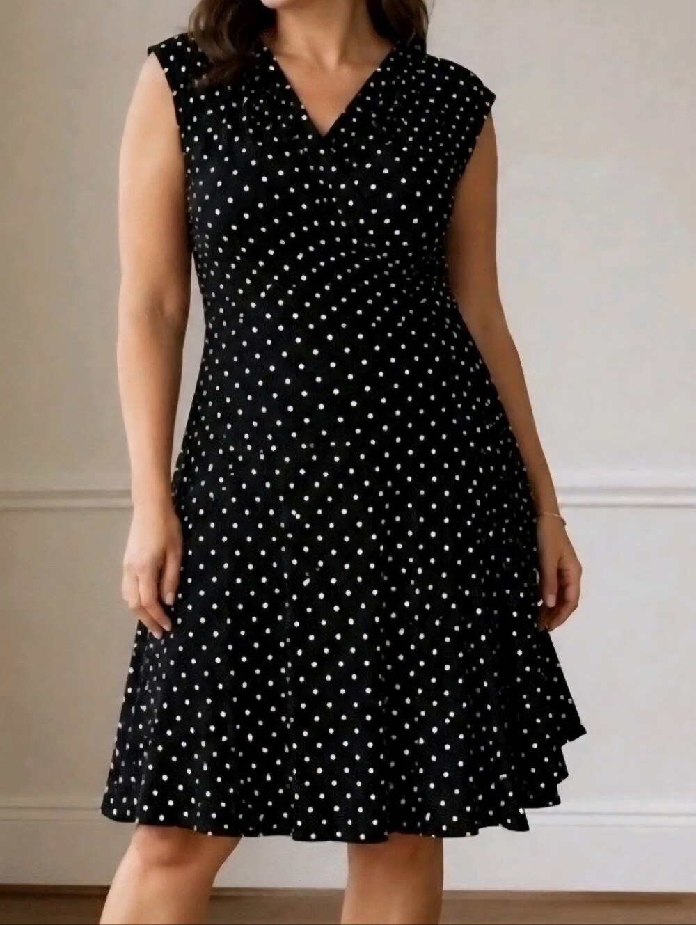Lauren Ralph Lauren Polka Dot Faux Wrap Dress Size 14 Black White Midi Knee